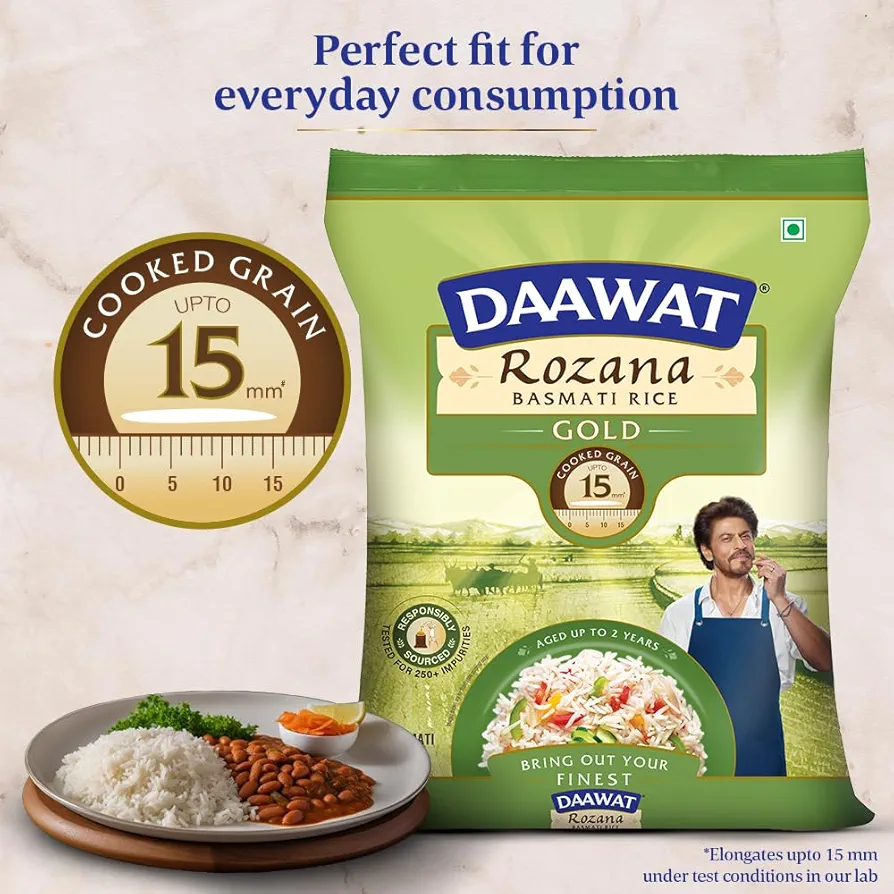Daawat Rozana Gold Basmati Rice 5Kg| For Everyday Consumption| Cooked Grain Upto 15mm| Naturally Aged 3