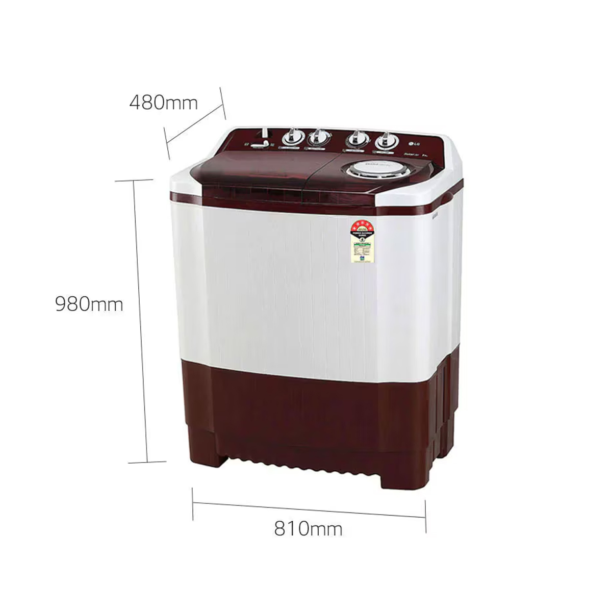 LG 8Kg 5 Star Semi Automatic Washing Machine, Roller Jet Pulsator + Soak (P8035SRAZA, Burgundy) 2
