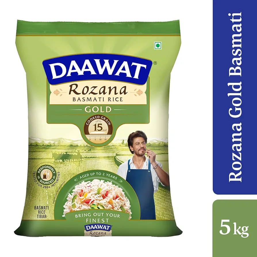 Daawat Rozana Gold Basmati Rice 5Kg| For Everyday Consumption| Cooked Grain Upto 15mm| Naturally Aged 4