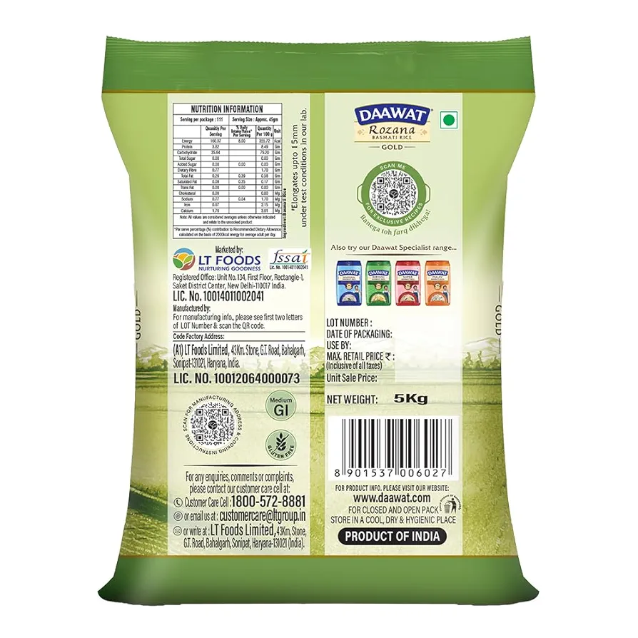 Daawat Rozana Gold Basmati Rice 5Kg| For Everyday Consumption| Cooked Grain Upto 15mm| Naturally Aged 2